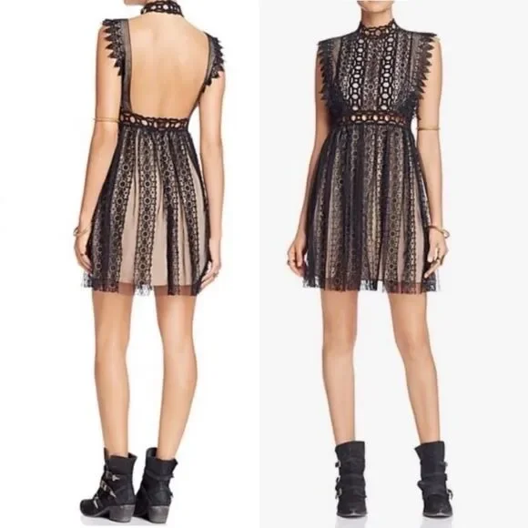 Free People Forever Lace Babydoll Deco Mini Dress Black & Nude Women’s Size 10 - Picture 5 of 16